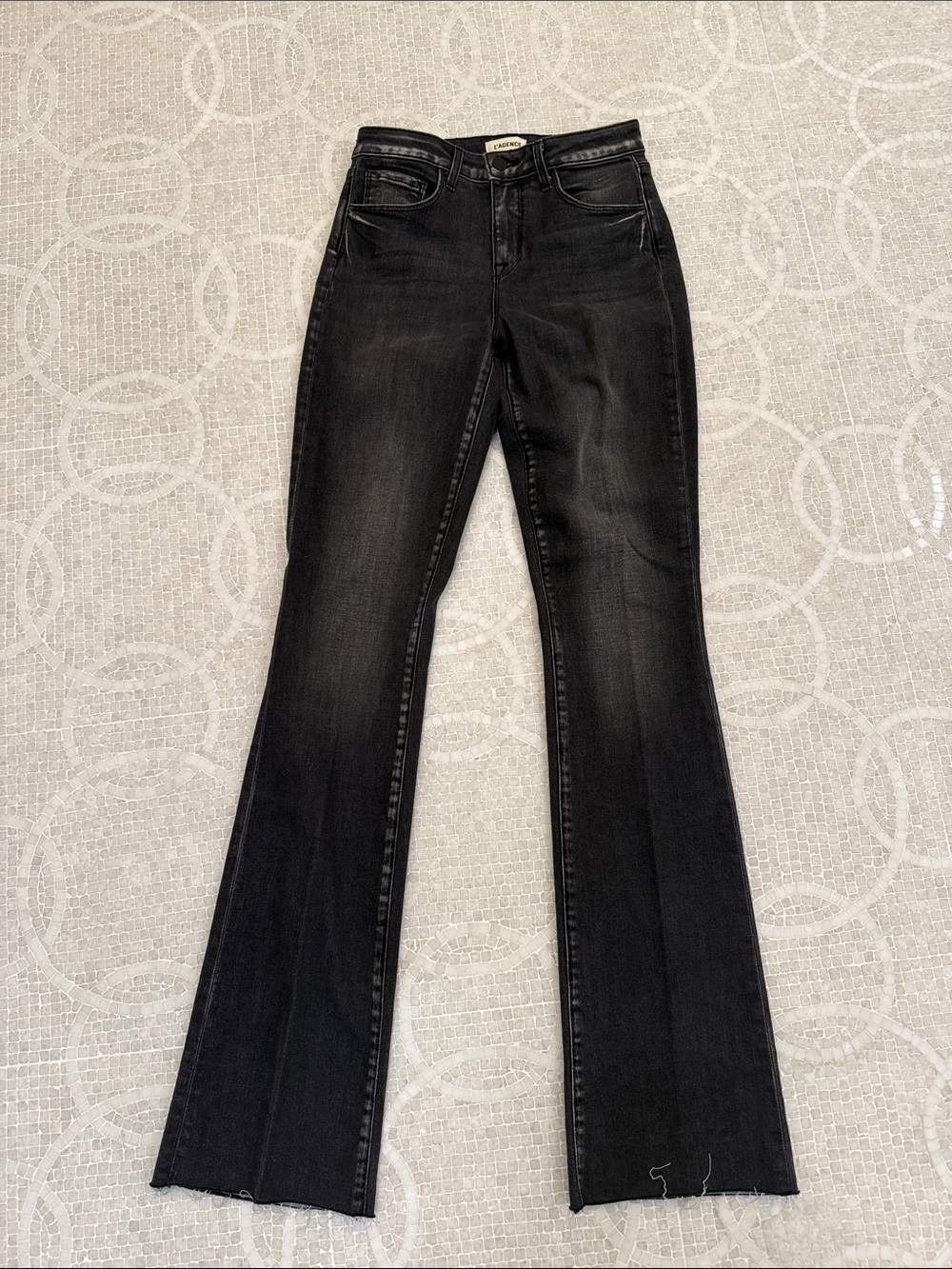 L'AGENCE Washed Black High-Rise Flare Jeans in Obsidienne Wash